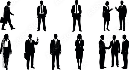 Professional business people silhouettes set featuring corporate men and women in suits walking, standing, shaking hands, and communicating for work.