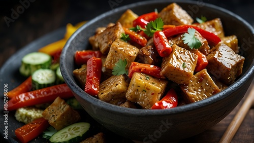 Delicious Asian Stir-fry with Crispy Glazed Tofu Cubes and Sliced Red Chili Peppers in Dark Ceramic Bowl, Healthy Vegetarian Meal with Fresh Cucumber and Cilantro Garnish on Rustic Table.