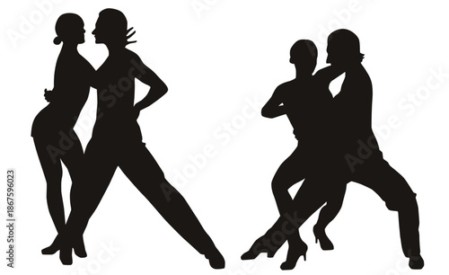 Set of black vector silhouettes of sportive dancing couple.