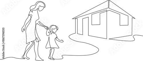 Mother and daughter walking towards house Vector