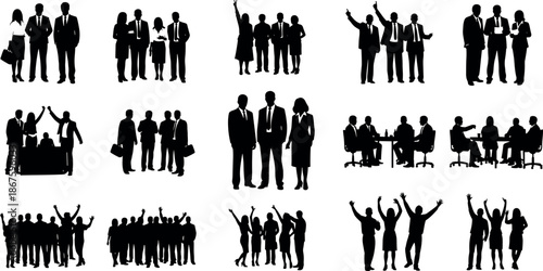 Professional Business People Silhouettes Set Featuring Corporate Teams, Office Meetings, Success Celebrations, Leaders in Suits, Group Collaboration, and Executive Work Situations