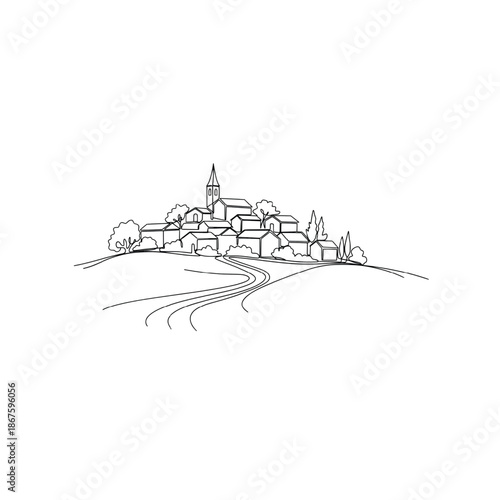 Path to home concept: continuous line art of a cozy rural village on a hill.