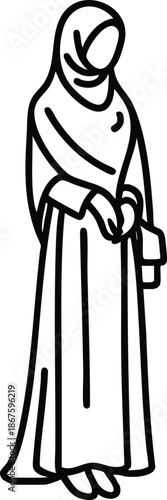 Minimalist line art of a woman wearing a hijab and abaya representing Islamic culture and modesty isolated on white background