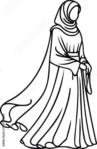 Elegant woman in hijab and flowing abaya minimalist line art illustration for fashion and cultural themes isolated on white