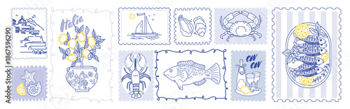 Vintage Blue Nautical Illustrations Featuring Ships Fish and Crabs.