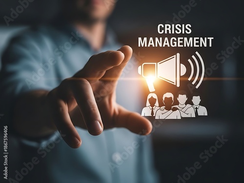 Man interacting with a crisis management interface with icons and a megaphone, symbolizing communication and leadership