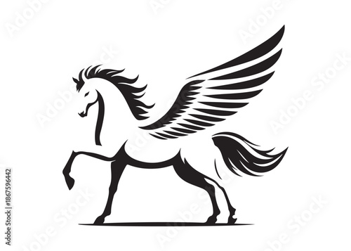 pegasus logo silhouette vector, horse with wings logo design icon vector illustration, magical fantasy horse vector silhouette, pegasus fly horse logo vector silhouette on white background