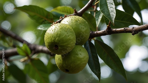 Cluster of Exotic Green Guava Fruits Growing on Tree Branch in Tropical Sunlight, Close Up of Unripe Raw Fruit with Textured Skin and Raindrops in an Orchard during Golden Hour Light Sunshine.