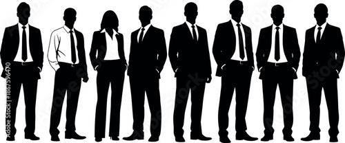 Professional business team silhouettes set in formal suits standing together representing corporate leadership, diversity, career growth, and successful workforce management.