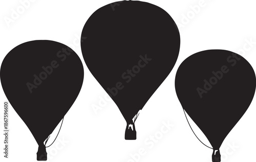 Three black hot air balloons floating in the sky with white ropes and baskets also transparent background