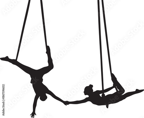 Two People Performing Aerial Silks Routine with Black Fabric Against White Background also transparent background
