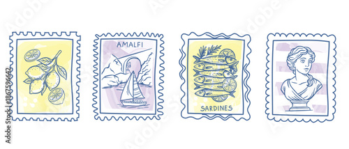 Vintage Illustrated Postage Stamps with Fruits Boat Scroll Portrait.