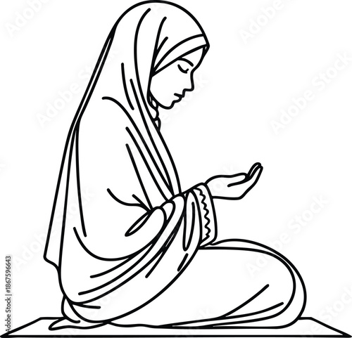 Muslim woman praying in hijab a simple line art illustration of devotion and faith isolated on white background for religious concepts