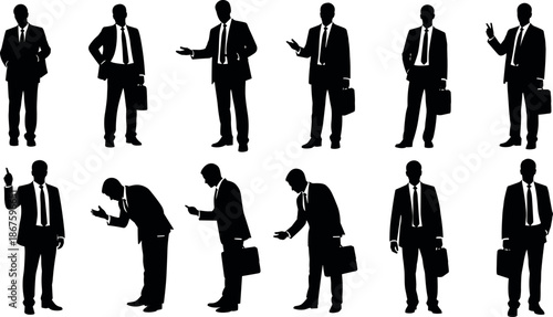 Professional businessman silhouettes in various poses including presenting gesturing bowing and walking for corporate communication marketing and global business office design