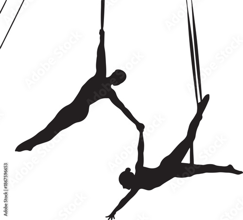 Two People Performing Aerial Silhouette on Trapeze with Suspended Ropes in Midair also transparent background