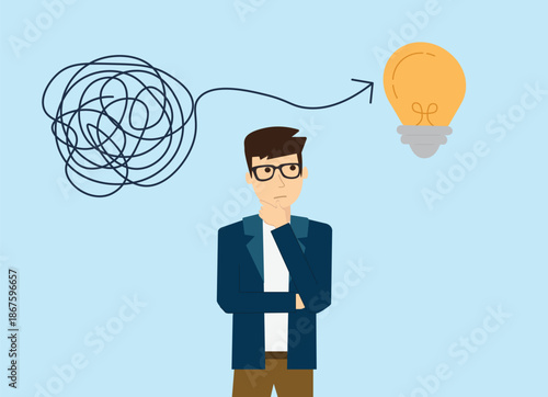 businessman solving complicated problem with tangled lines and lightbulb symbolizing creative solution
