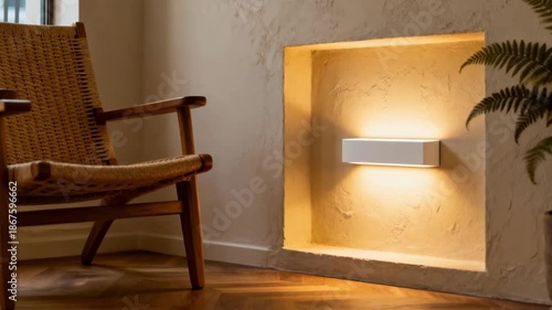 Medium shot capturing a recessed drywall lighting inset illuminating a cozy corner demonstrating ambient lighting integration within builtin wall features.