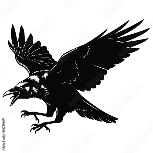 Striking black and white silhouette vector illustration of an aggressive raven bird in mid-flight with open beak and extended talons for a bold design.