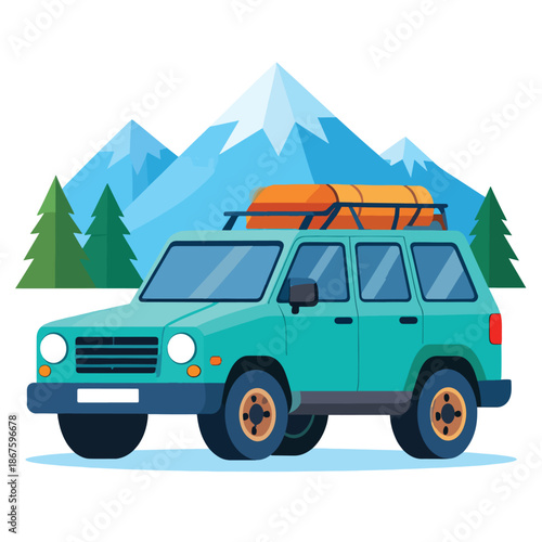 Mountain expedition illustration: Off-road SUV with roof rack luggage exploring snowy peaks