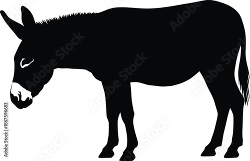 Silhouette of a donkey standing in profile a simple black and white image