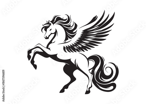 pegasus logo silhouette vector, horse with wings logo design icon vector illustration, magical fantasy horse vector silhouette, pegasus fly horse logo vector silhouette on white background