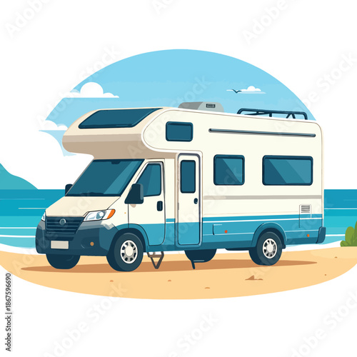 Vibrant vector illustration of a camper van by the sea, symbolizing summer travel and seaside adventure.