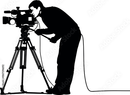 Professional cameraman silhouette operating a high definition digital broadcasting video camera on a tripod for television production and cinema filming.