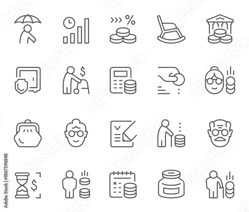 Elderly Retirement Financial Security Icons Collection.
