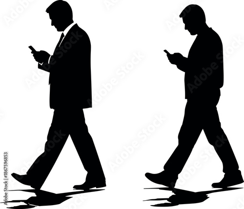 Professional silhouette of two businessmen walking while using mobile phones and texting for corporate communication, business technology, and connectivity concept.