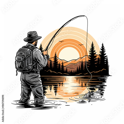 Fisherman catching fish in a lake during sunset with mountain and forest background illustration