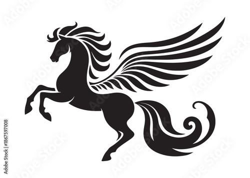 pegasus logo silhouette vector, horse with wings logo design icon vector illustration, magical fantasy horse vector silhouette, pegasus fly horse logo vector silhouette on white background