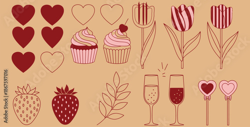 Collection of stylized romantic and celebratory icons featuring hearts strawberries tulips cupcakes champagne flutes and delicate botanical elements perfect for valentines