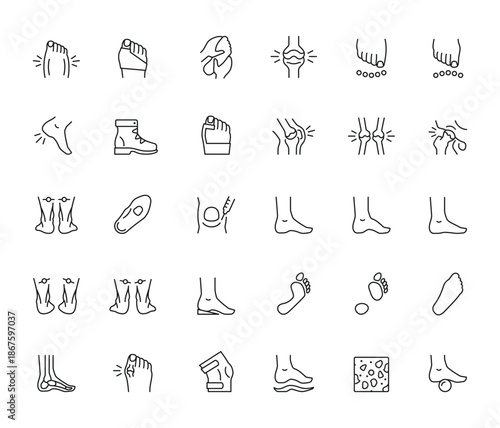 Line Art Icons of Feet Legs Footwear and Medical Supports.