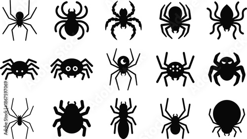 Spider silhouette icon collection, black vector spiders set, creepy halloween insect symbols for horror decoration illustration designs