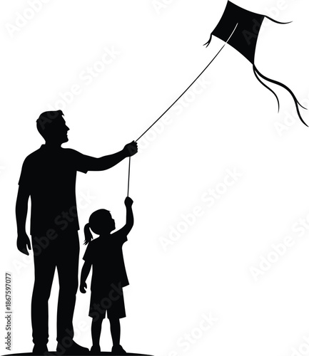 A silhouette of a father and child flying a kite together
