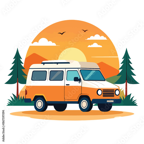 Scenic Sunset Road Trip with Retro Camper Van in Mountainous Nature Illustration