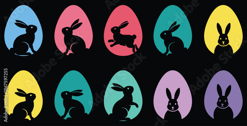 Collection of ten stylized black silhouette rabbit icons set against brightly colored Easter egg shapes creating a festive holiday graphic background design