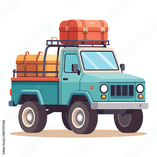 Adventure-ready off-road pickup truck with luggage packed for a journey expedition