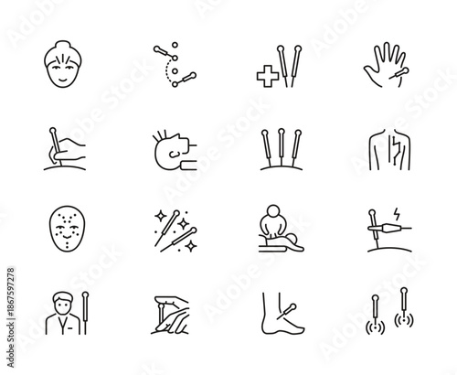 Line Drawing Icons Depicting Acupuncture Therapy Elements.