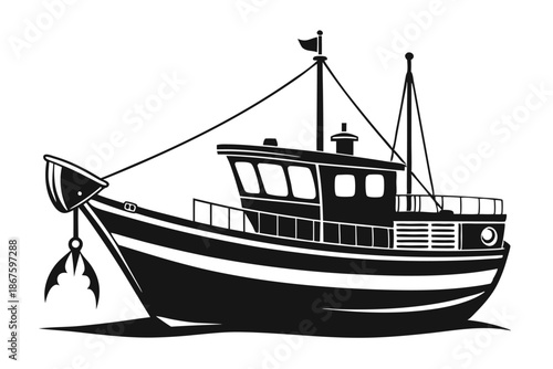 Traditional Fishing Boat Profile Silhouette Vector for Ocean and Coastal Themes