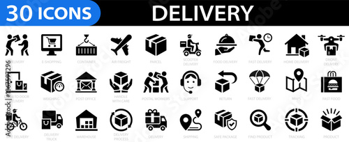 Delivery service flat icon set. Shipping icons. Tracking, delivery home, warehouse, truck, scooter, bike, drone and more. Shipping symbol. Editable stroke. Vector illustration