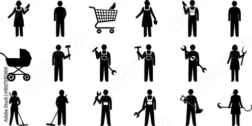 Set of minimalist human silhouettes representing various occupations and daily life activities including construction workers gardeners shoppers and parents