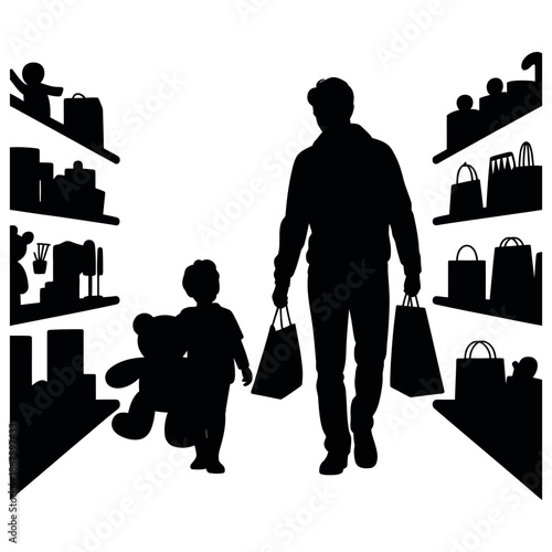 Father and son shopping for toys in store silhouette man holding bags walking with child carrying teddy bear through aisle with shelves retail commerce concept