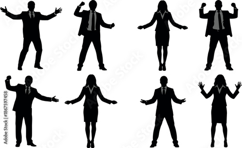 Set of professional business people silhouettes in suits celebrating success, expressing joy, achievement, leadership, and winning gestures for corporate concepts.