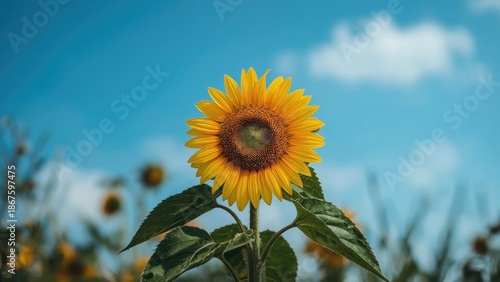 Bright sunflower in a field under a blue sky with white clouds. Nature and floral scene. The image of a sunflower with green leaves on a sunny day.