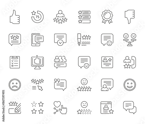 Line Icons Collection of Feedback Reviews and Customer Ratings.