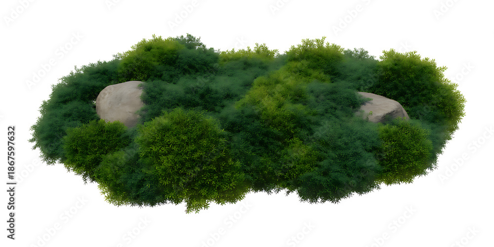 Obraz premium Lush green island with rocks isolated on transparent background
