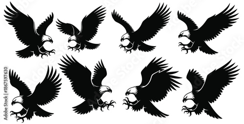 Set of eight distinct black and white bald eagle silhouettes capturing various aggressive flying and swooping attack poses perfect for graphic design projects