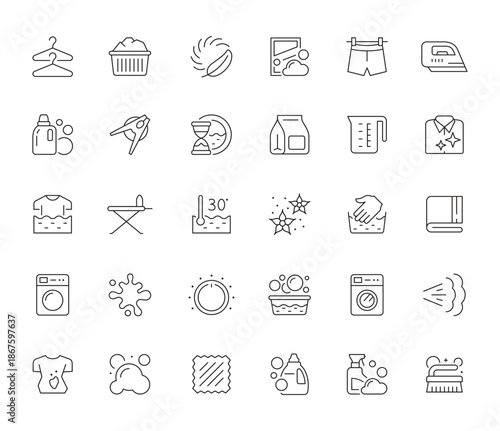 Line Icons Depicting Laundry Washing and Ironing Tasks.