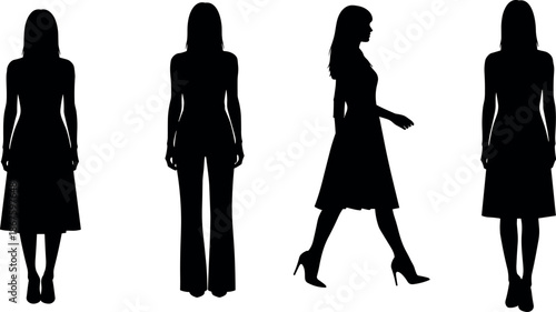 Set of professional woman silhouettes wearing dress and trousers in standing and walking poses isolated on white background for fashion design